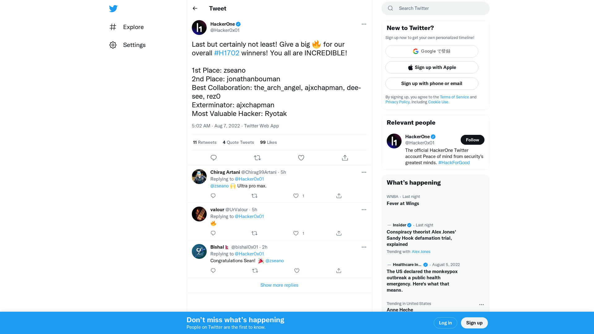 HackerOne on Twitter: "Last but certainly not least! Give a big 🔥 for our overall #H1702 winners! You all are INCREDIBLE! 1st Place: zseano 2nd Place: jonathanbouman Best Collaboration: the_arch_angel, ajxchapman, dee-see, rez0 Exterminator: ajxchapman Most Valuable Hacker: Ryotak" / Twitter