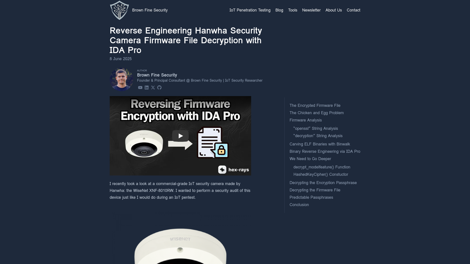 Reverse Engineering Hanwha Security Camera Firmware File Decryption with IDA Pro · Brown Fine Security