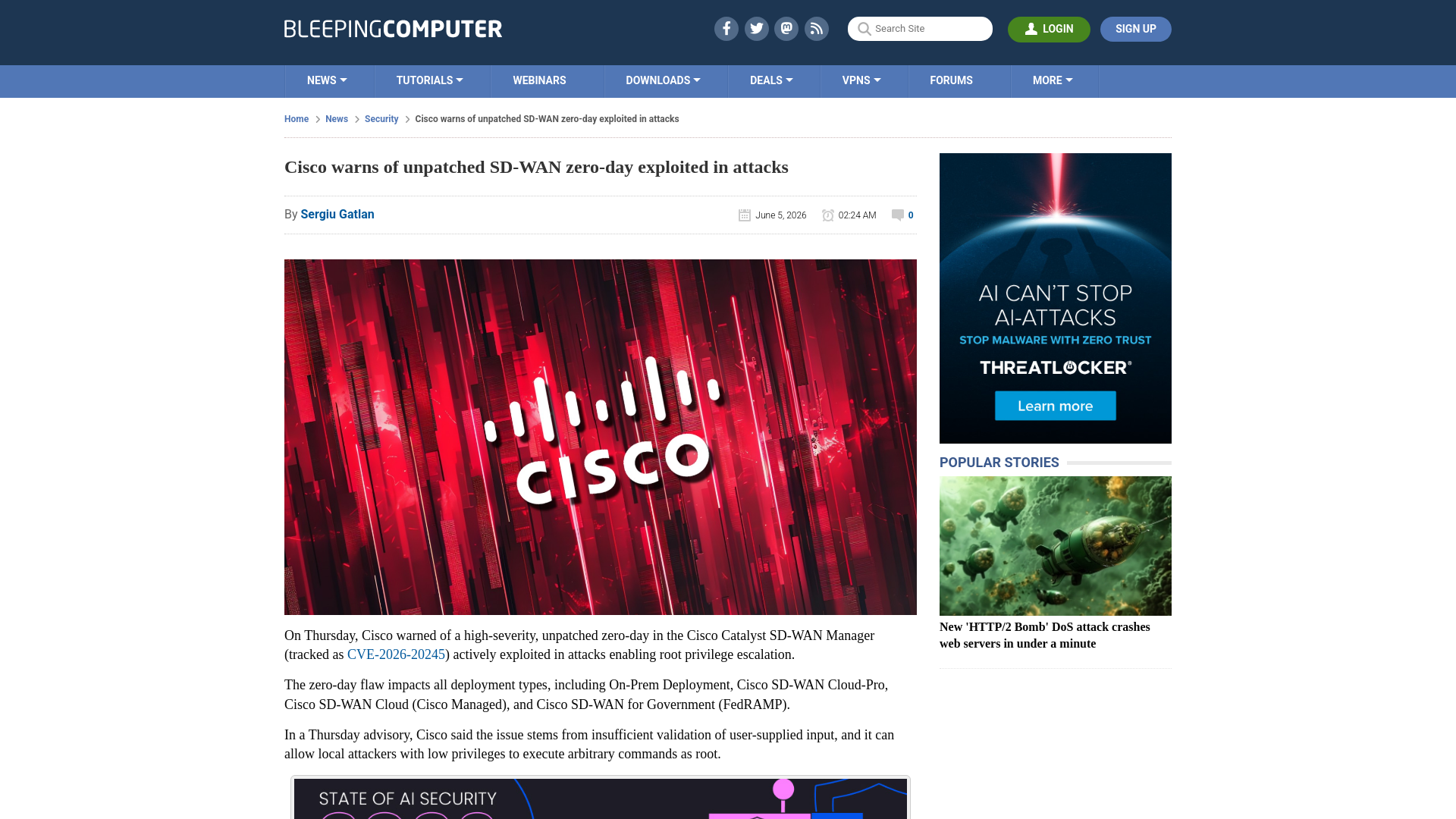 Cisco warns of unpatched SD-WAN zero-day exploited in attacks