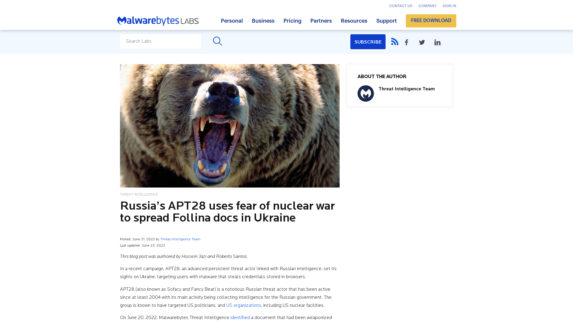 Russia's APT28 uses fear of nuclear war to spread Follina docs in Ukraine | Malwarebytes Labs