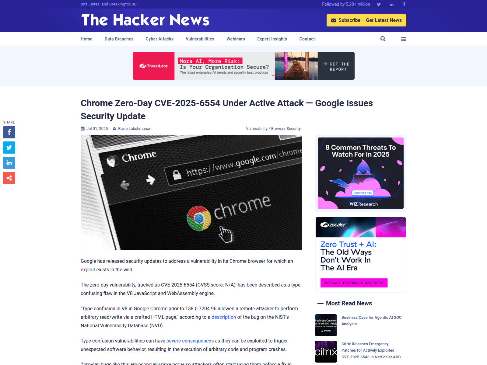 Chrome Zero-Day CVE-2025-6554 Under Active Attack — Google Issues Security Update