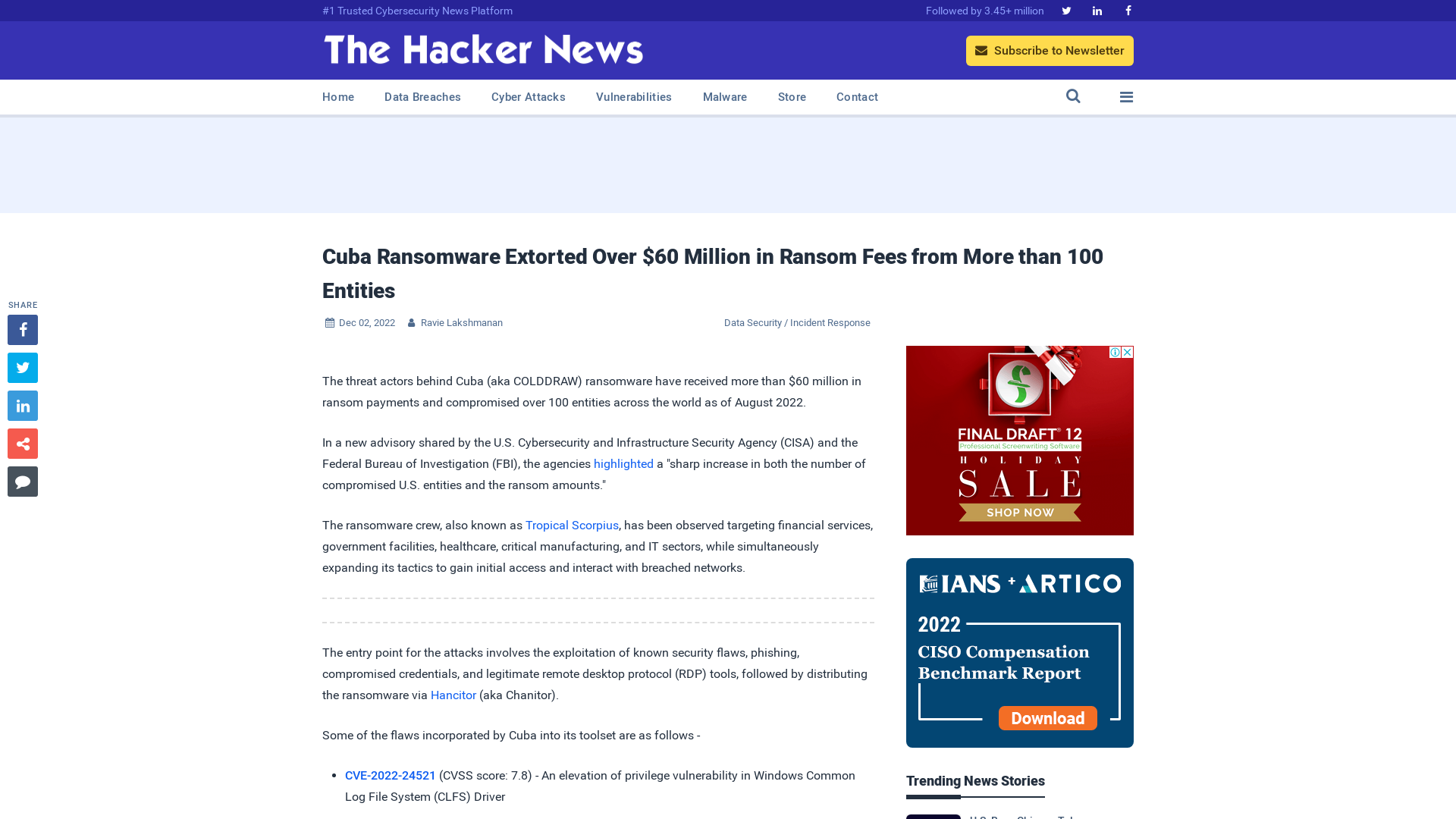 Cuba Ransomware Extorted Over $60 Million in Ransom Fees from More than 100 Entities