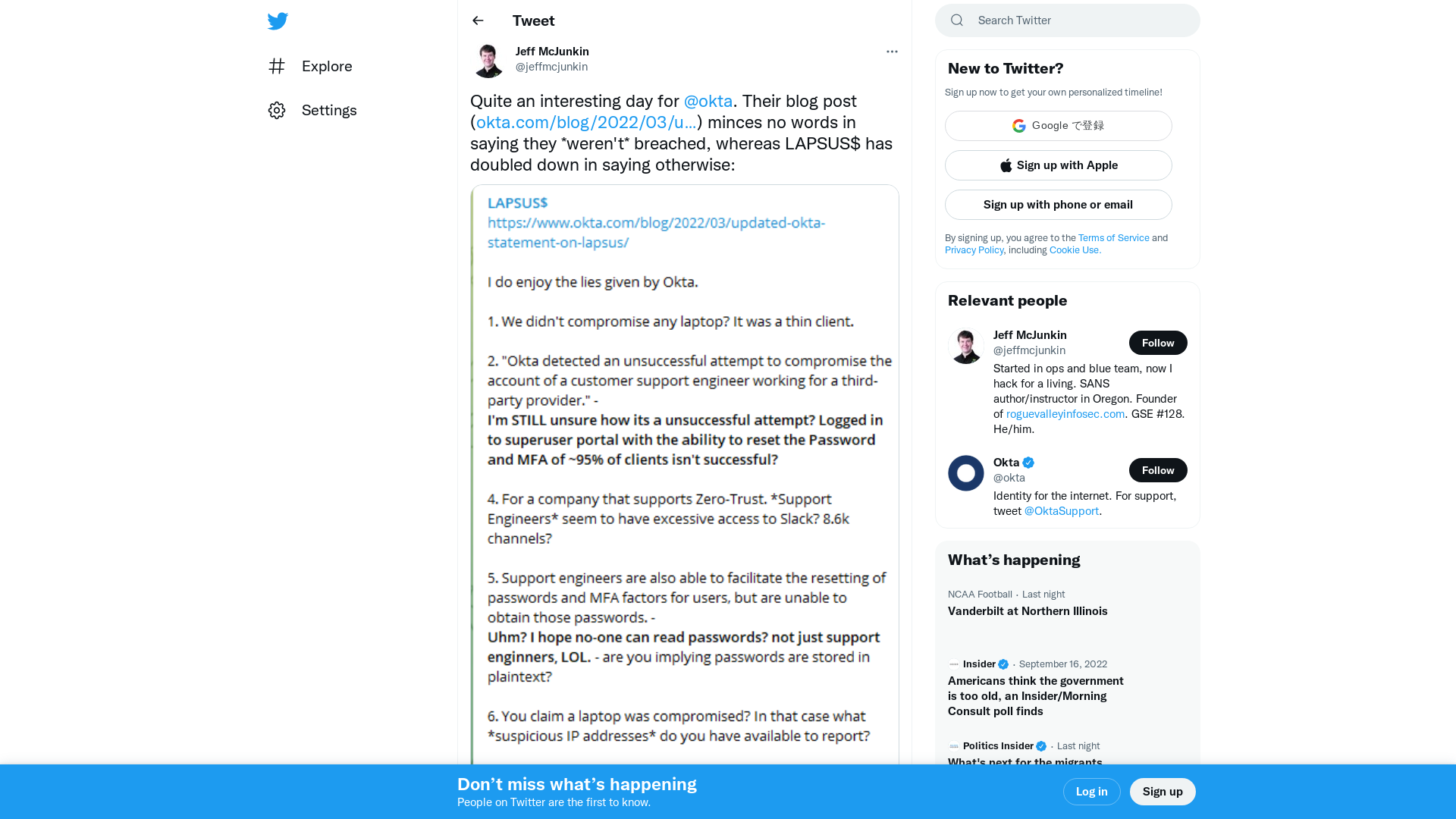 Jeff McJunkin on Twitter: "Quite an interesting day for @okta. Their blog post (https://t.co/9BGe9U3DqA) minces no words in saying they *weren't* breached, whereas LAPSUS$ has doubled down in saying otherwise: https://t.co/w5hWowGZW3" / Twitter