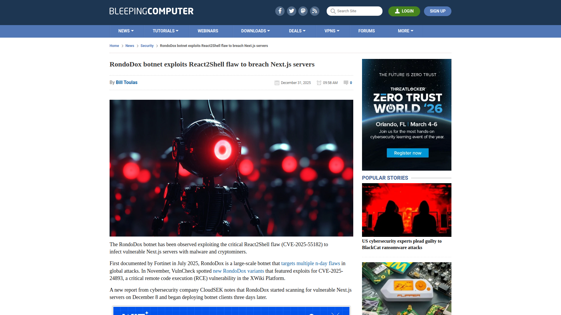 RondoDox botnet exploits React2Shell flaw to breach Next.js servers