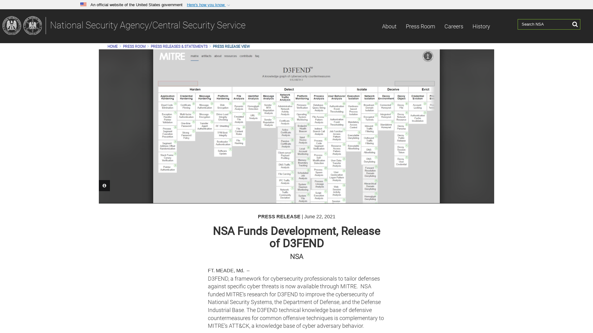 NSA Funds Development, Release of D3FEND > National Security Agency/Central Security Service > Press Release View