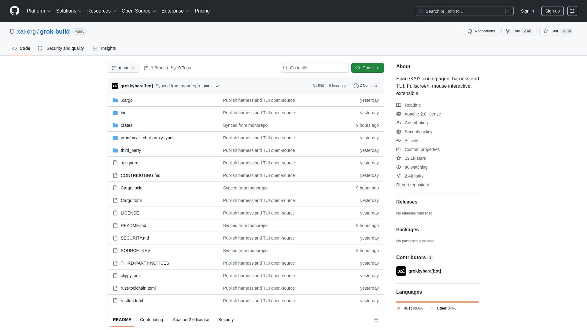 GitHub - xai-org/grok-build: SpaceXAI's coding agent harness and TUI. Fullscreen, mouse interactive, extensible. · GitHub