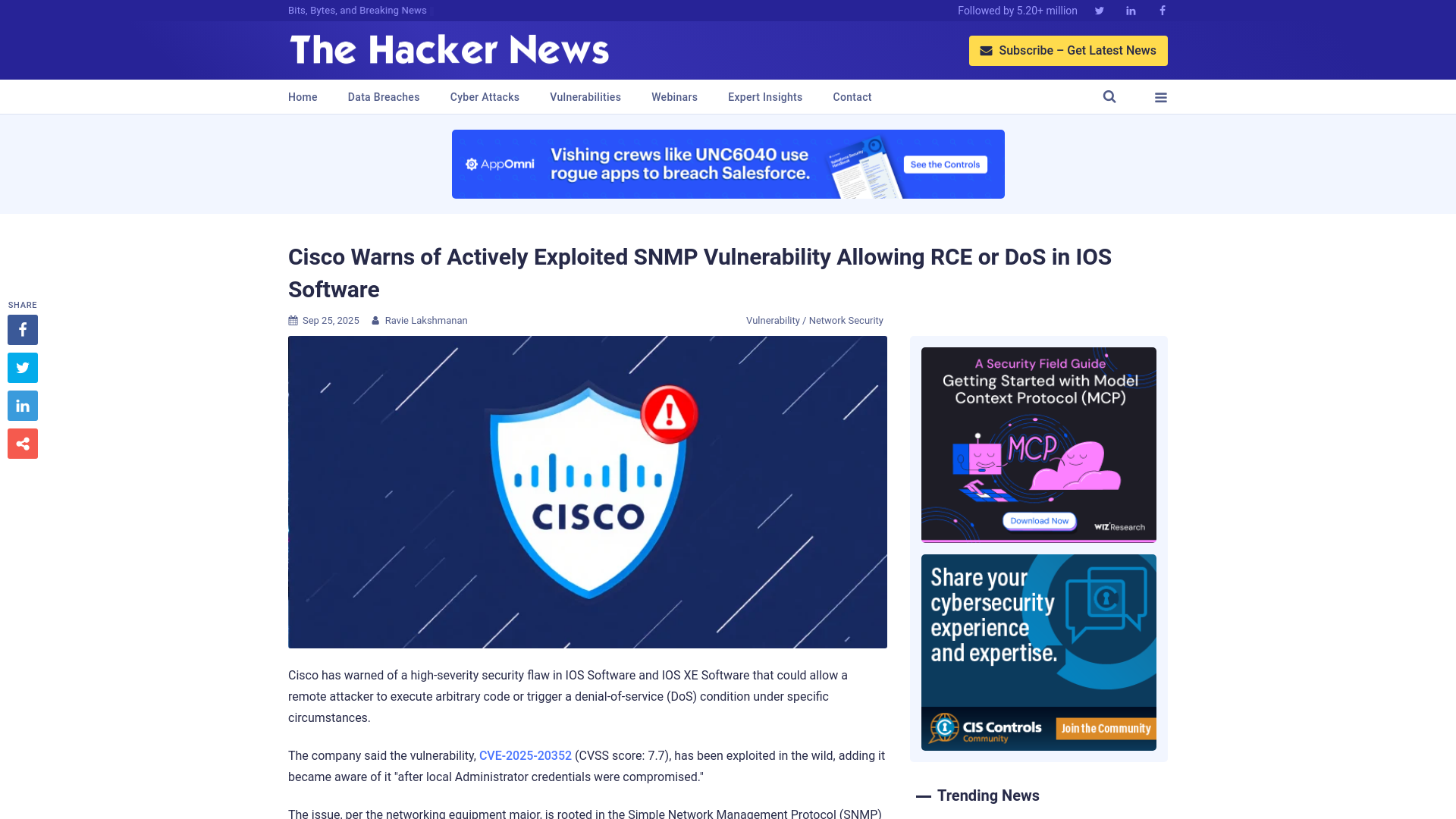 Cisco Warns of Actively Exploited SNMP Vulnerability Allowing RCE or DoS in IOS Software