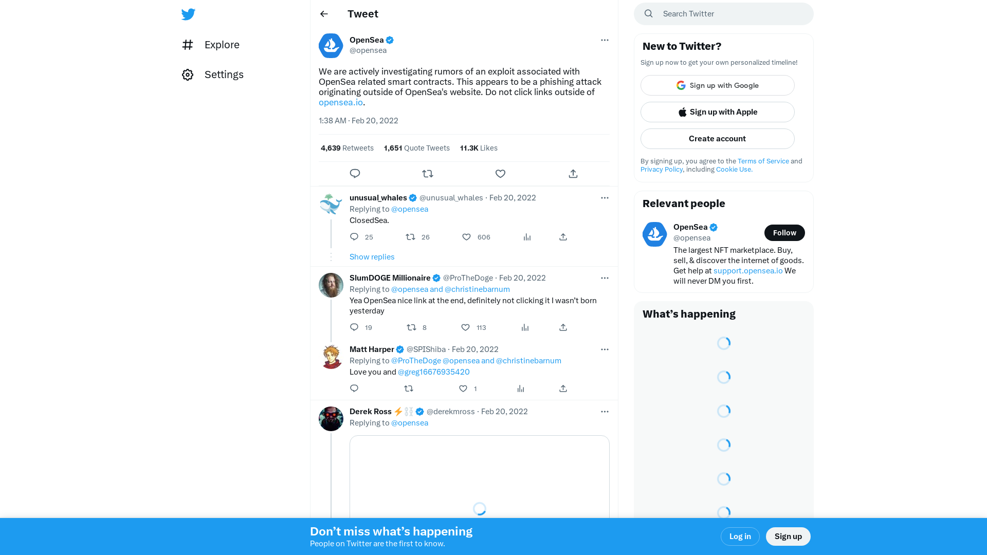 OpenSea on Twitter: "We are actively investigating rumors of an exploit associated with OpenSea related smart contracts. This appears to be a phishing attack originating outside of OpenSea's website. Do not click links outside of https://t.co/3qvMZjxmDB." / Twitter