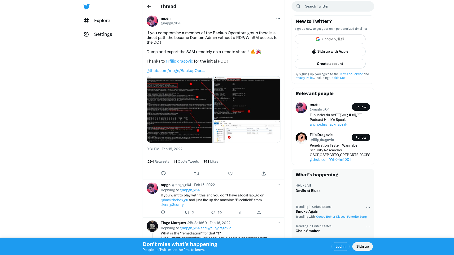 mpgn on Twitter: "If you compromise a member of the Backup Operators group there is a direct path the become Domain Admin without a RDP/WinRM access to the DC ! Dump and export the SAM remotely on a remote share ! 🔥🎉 Thanks to @filip_dragovic for the initial POC ! https://t.co/M4MRbyJWLQ https://t.co/c5ypq32zMi" / Twitter