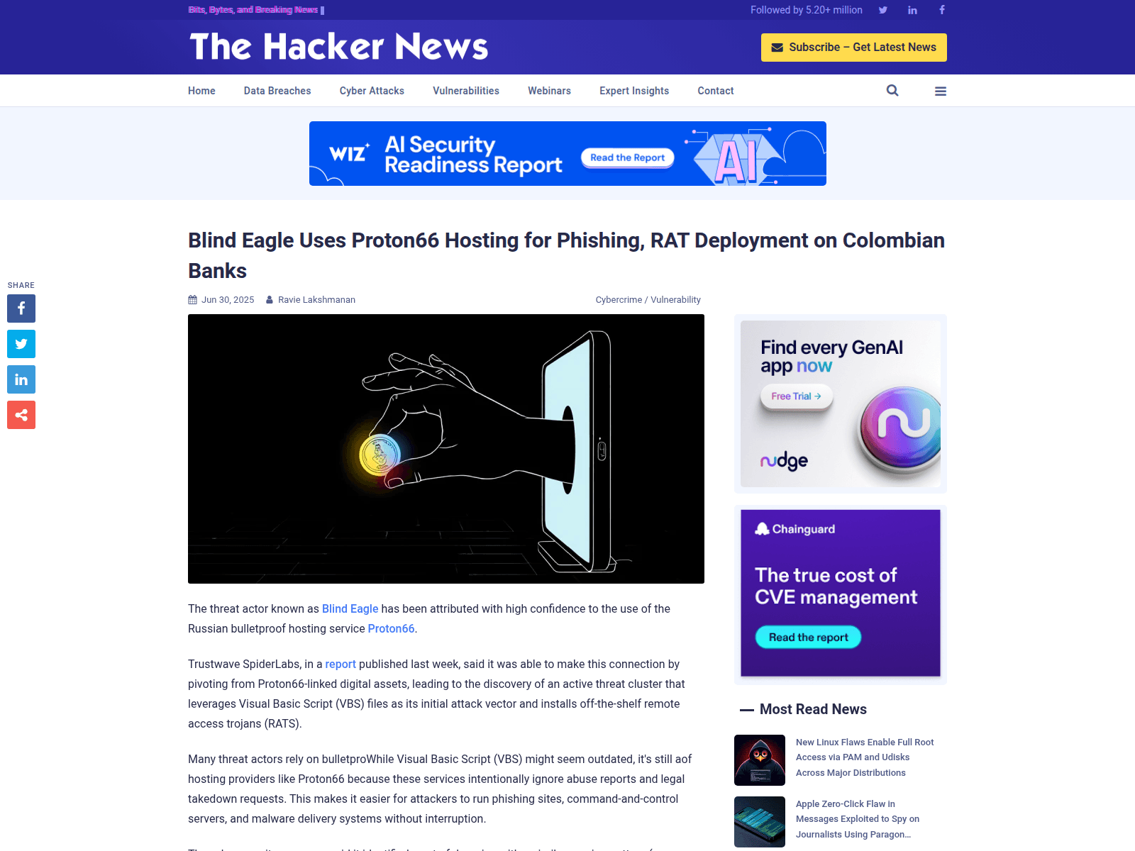 Blind Eagle Uses Proton66 Hosting for Phishing, RAT Deployment on Colombian Banks