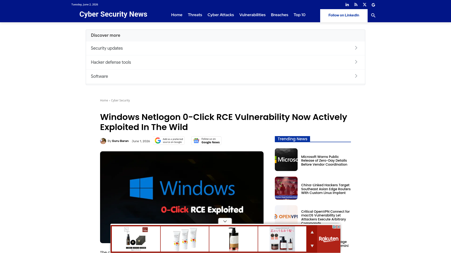 Windows Netlogon 0-Click RCE Vulnerability Now Actively Exploited In The Wild