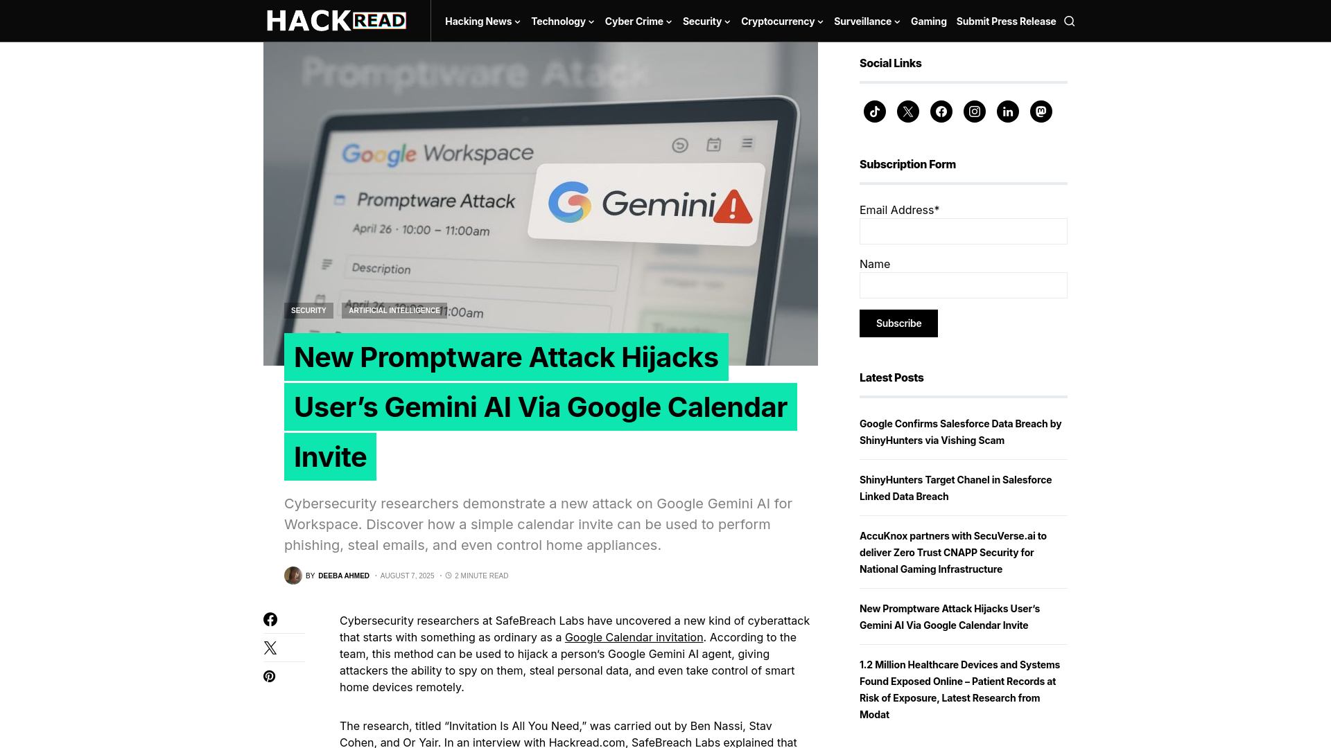 New Promptware Attack Hijacks User's Gemini AI Via Google Calendar Invite