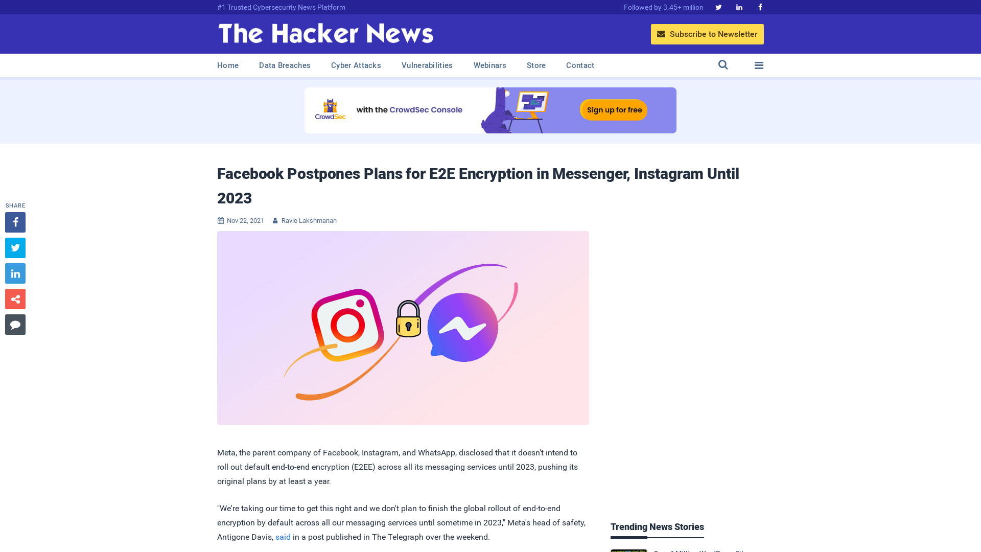 Facebook Postpones Plans for E2E Encryption in Messenger, Instagram Until 2023