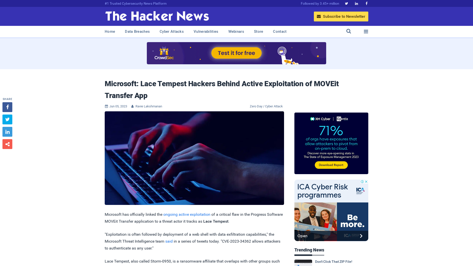 Microsoft: Lace Tempest Hackers Behind Active Exploitation of MOVEit Transfer App