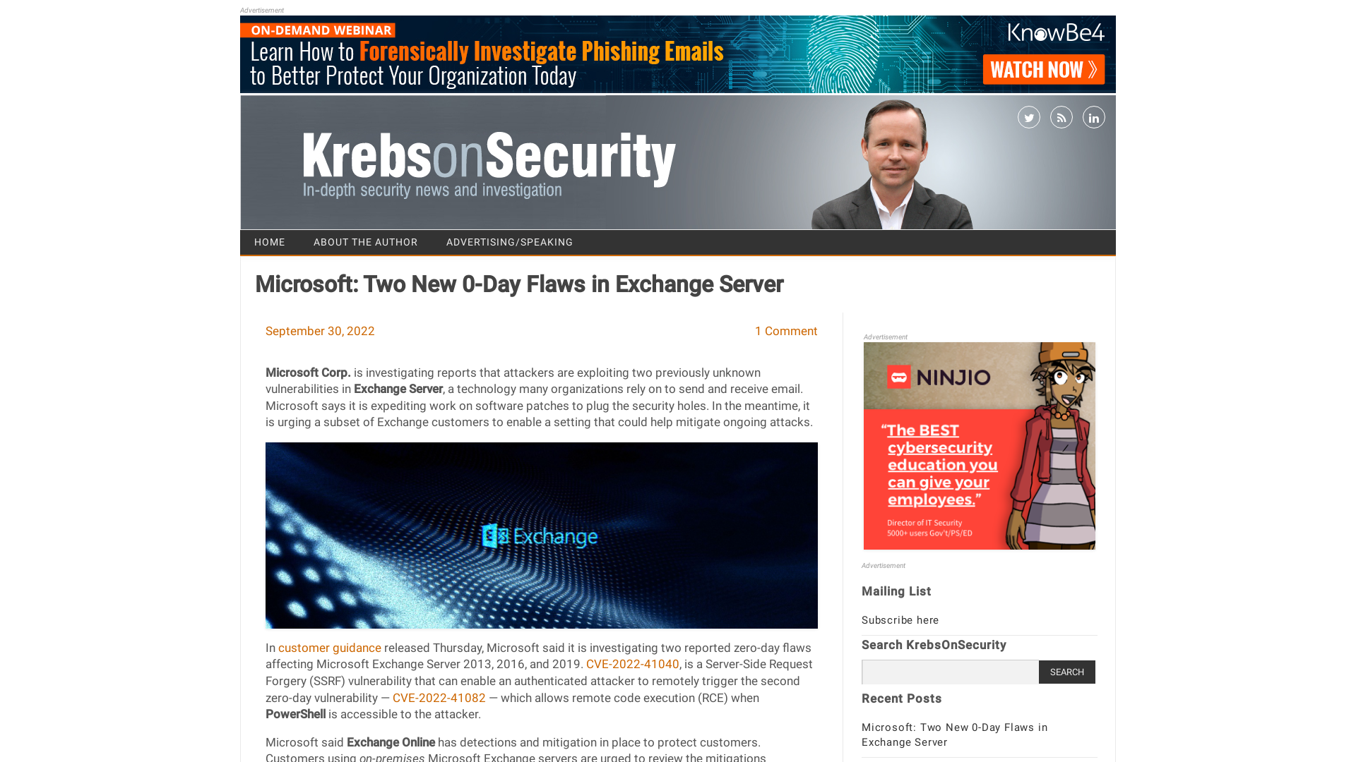 Microsoft: Two New 0-Day Flaws in Exchange Server – Krebs on Security