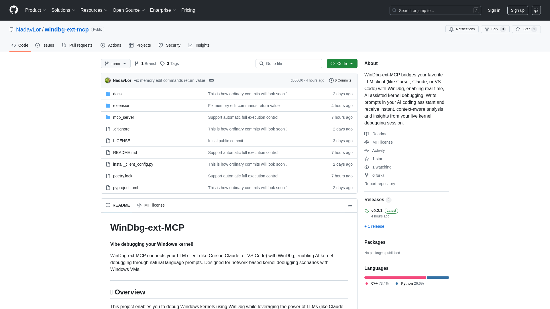 GitHub - NadavLor/windbg-ext-mcp: WinDbg-ext-MCP bridges your favorite LLM client (like Cursor, Claude, or VS Code) with WinDbg, enabling real-time, AI assisted kernel debugging. Write prompts in your AI coding assistant and receive instant, context-aware analysis and insights from your live kernel debugging session.
