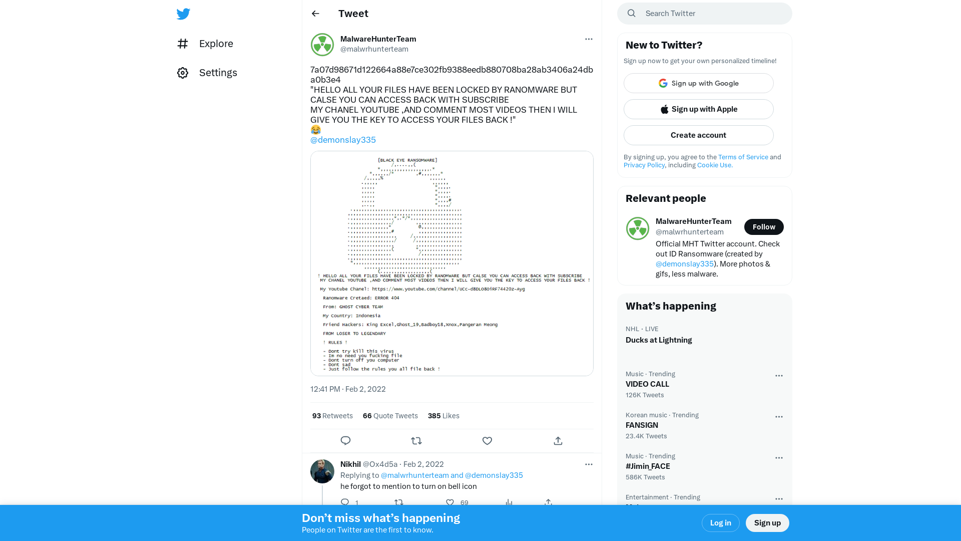 MalwareHunterTeam on Twitter: "7a07d98671d122664a88e7ce302fb9388eedb880708ba28ab3406a24dba0b3e4 "HELLO ALL YOUR FILES HAVE BEEN LOCKED BY RANOMWARE BUT CALSE YOU CAN ACCESS BACK WITH SUBSCRIBE MY CHANEL YOUTUBE ,AND COMMENT MOST VIDEOS THEN I WILL GIVE YOU THE KEY TO ACCESS YOUR FILES BACK !" 😂 @demonslay335 https://t.co/T3X9HyyiXI" / Twitter