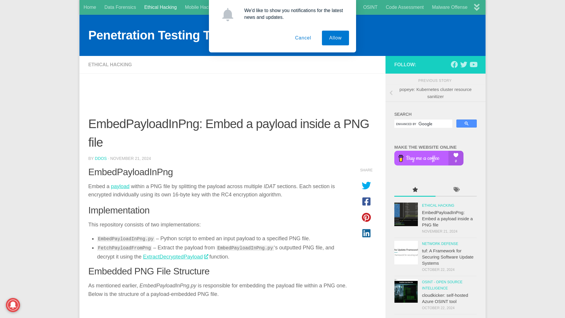 EmbedPayloadInPng: Embed a payload inside a PNG file