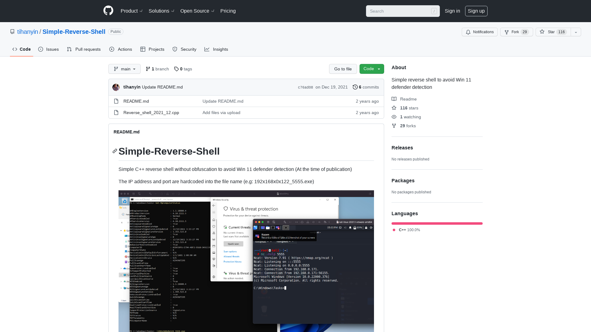 GitHub - tihanyin/Simple-Reverse-Shell: Simple reverse shell to avoid Win 11 defender detection