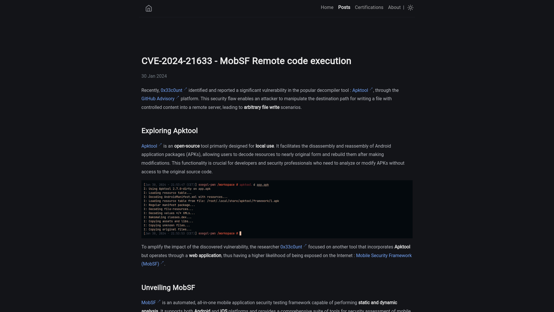 CVE-2024-21633 - MobSF Remote code execution | QU35T blog