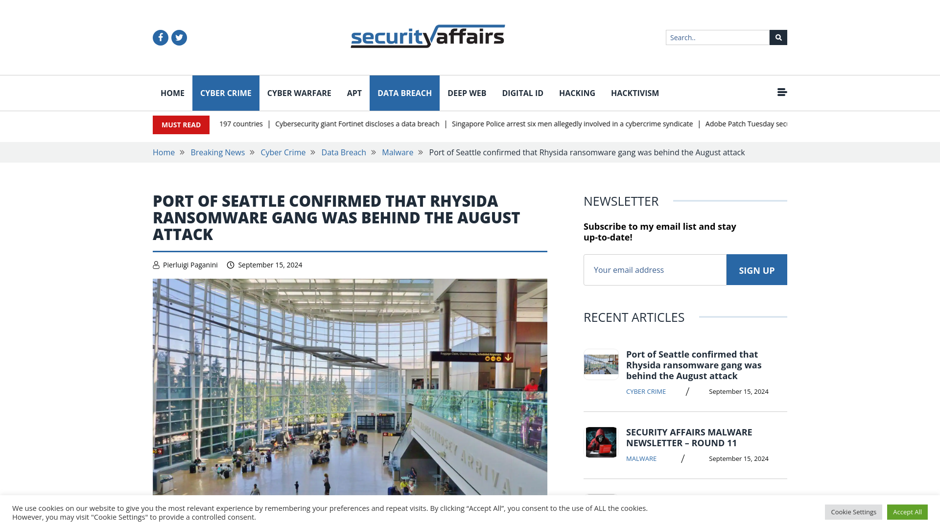 Port of Seattle confirmed that Rhysida ransomware gang was behind the August attack