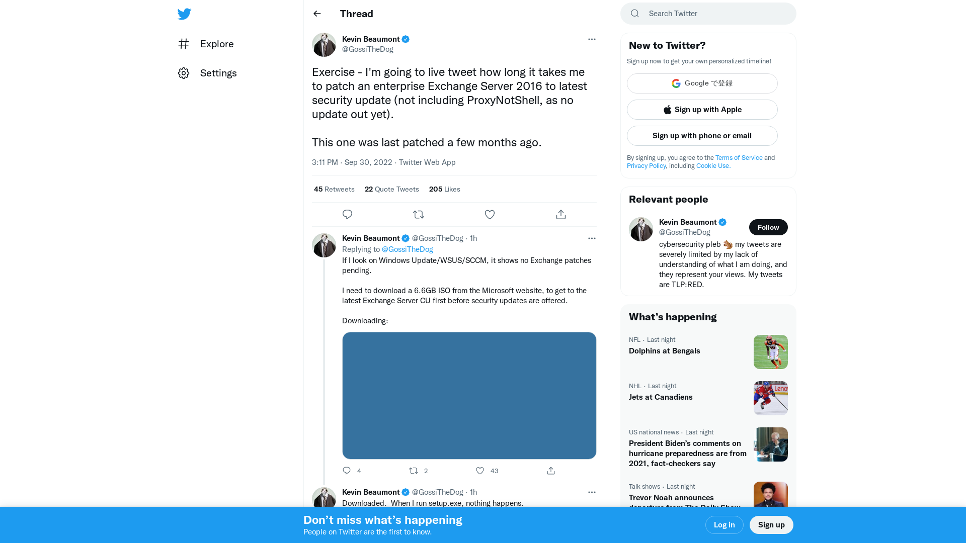 Kevin Beaumont on Twitter: "Exercise - I'm going to live tweet how long it takes me to patch an enterprise Exchange Server 2016 to latest security update (not including ProxyNotShell, as no update out yet). This one was last patched a few months ago." / Twitter