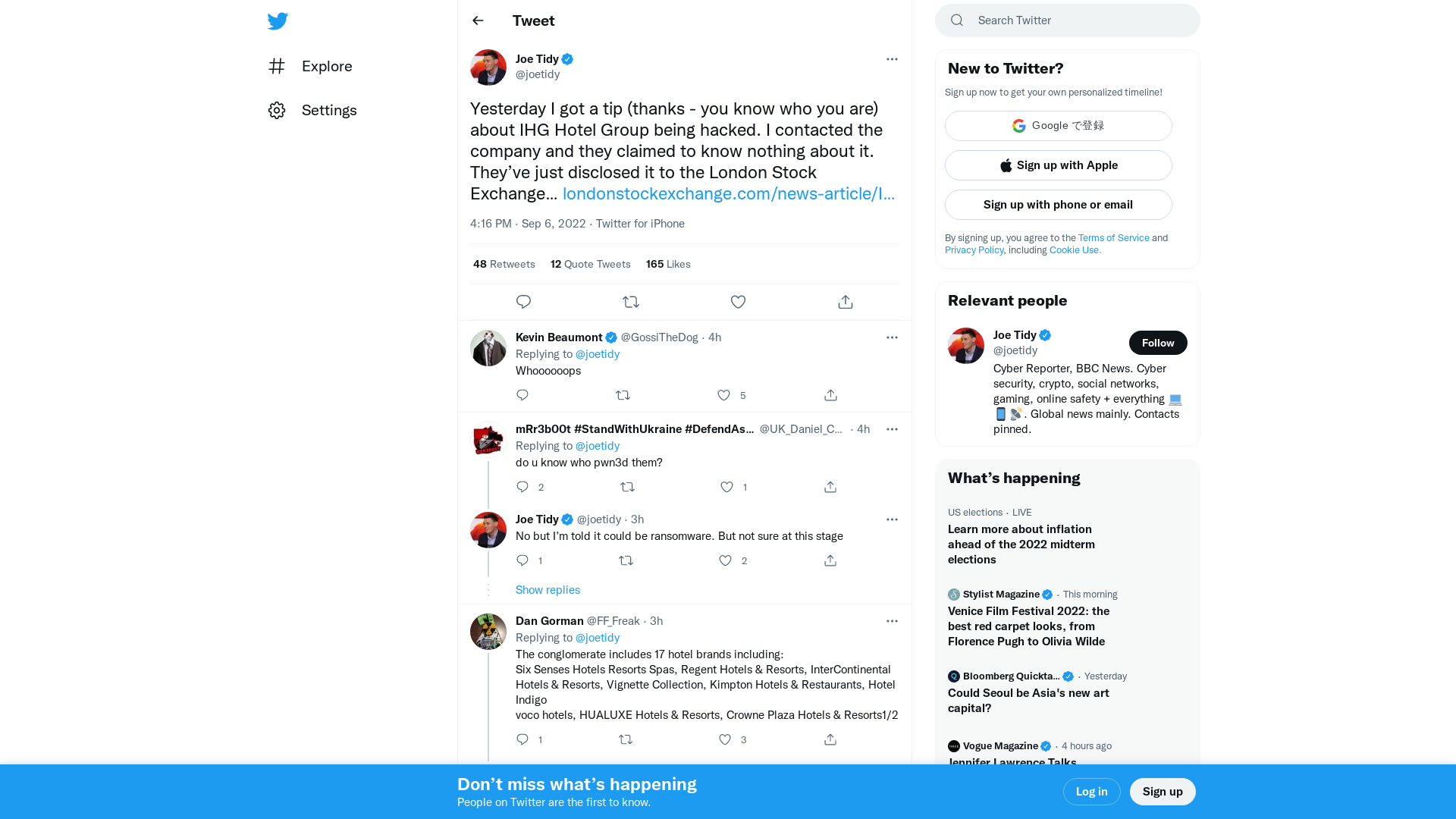 Joe Tidy on Twitter: "Yesterday I got a tip (thanks - you know who you are) about IHG Hotel Group being hacked. I contacted the company and they claimed to know nothing about it. They’ve just disclosed it to the London Stock Exchange… https://t.co/ChXB8AIVxY" / Twitter