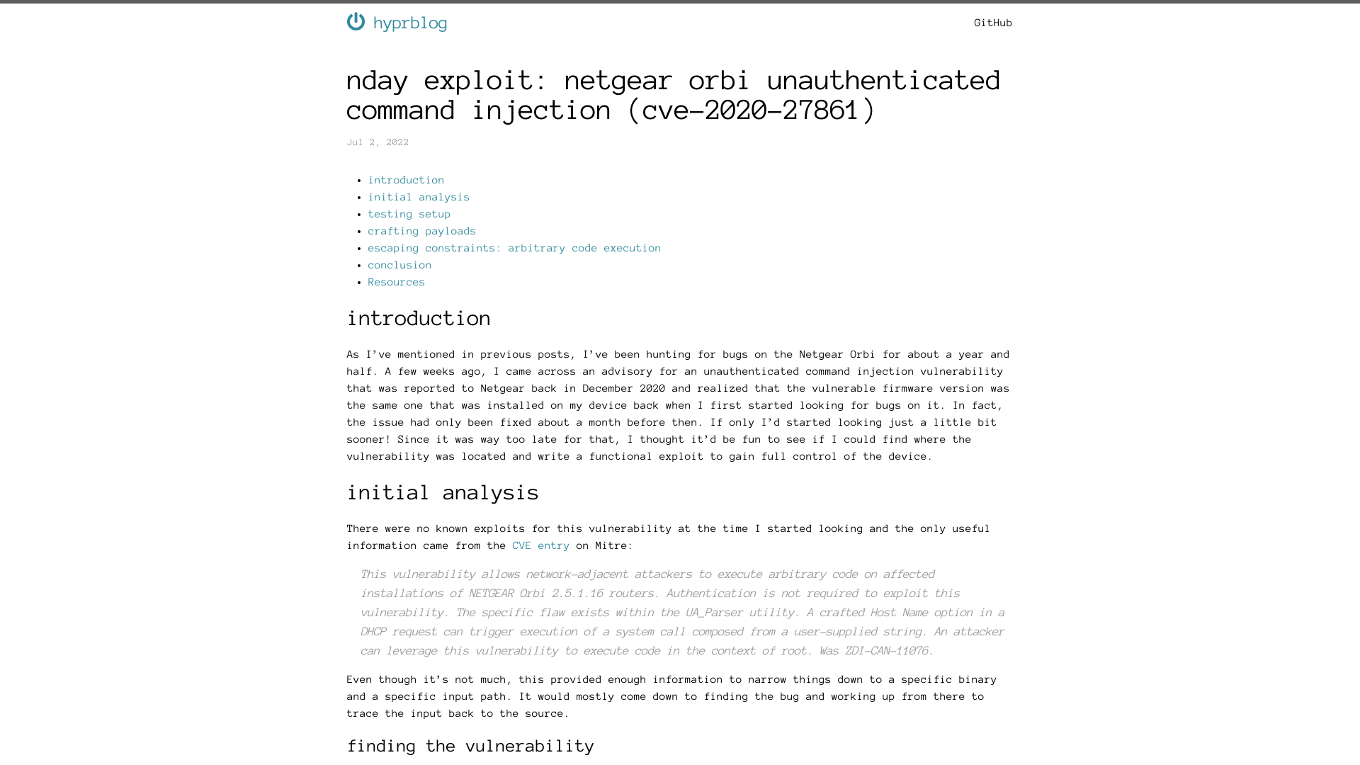 nday exploit: netgear orbi unauthenticated command injection (CVE-2020-27861) | hyprblog