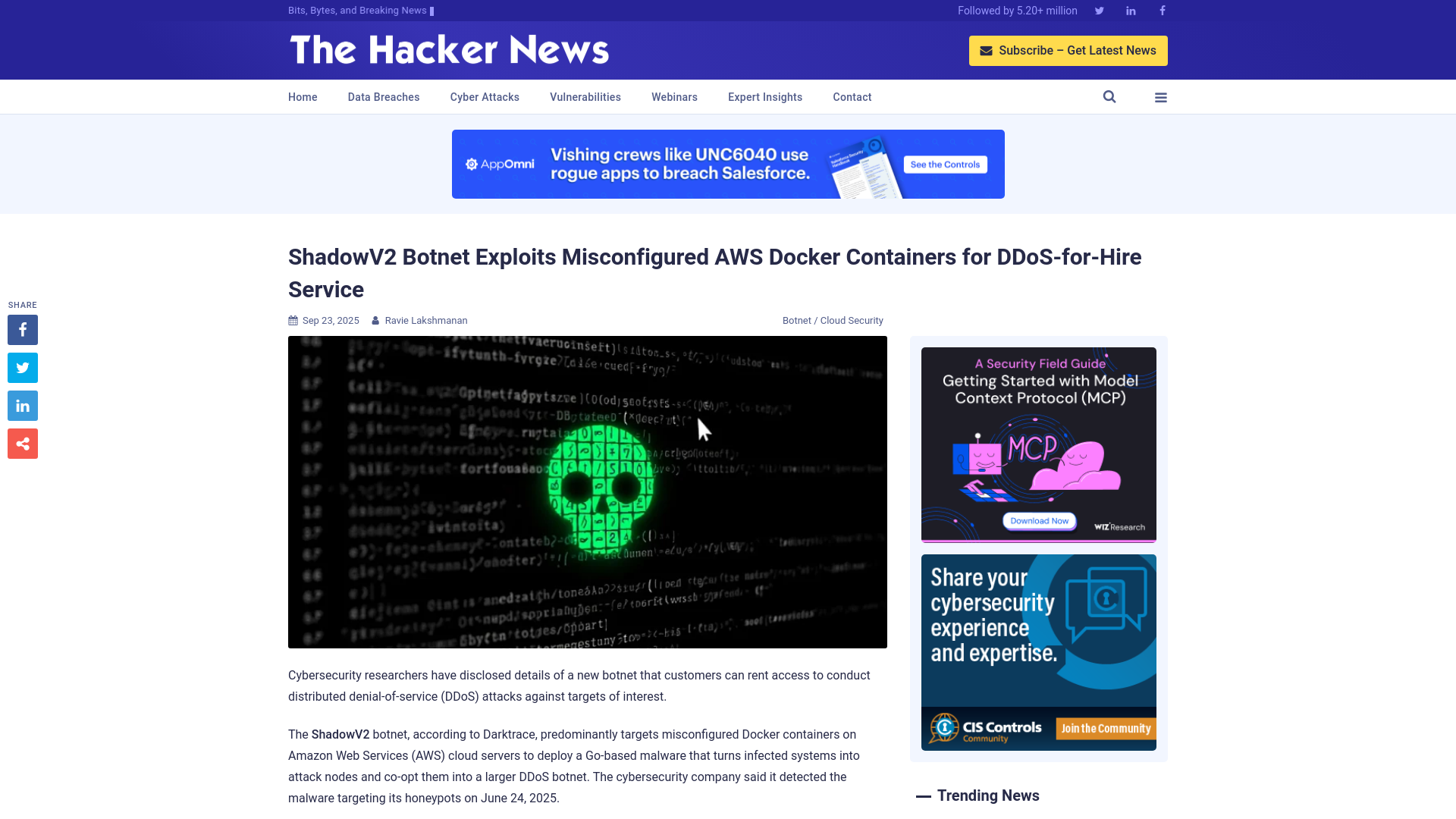 ShadowV2 Botnet Exploits Misconfigured AWS Docker Containers for DDoS-for-Hire Service