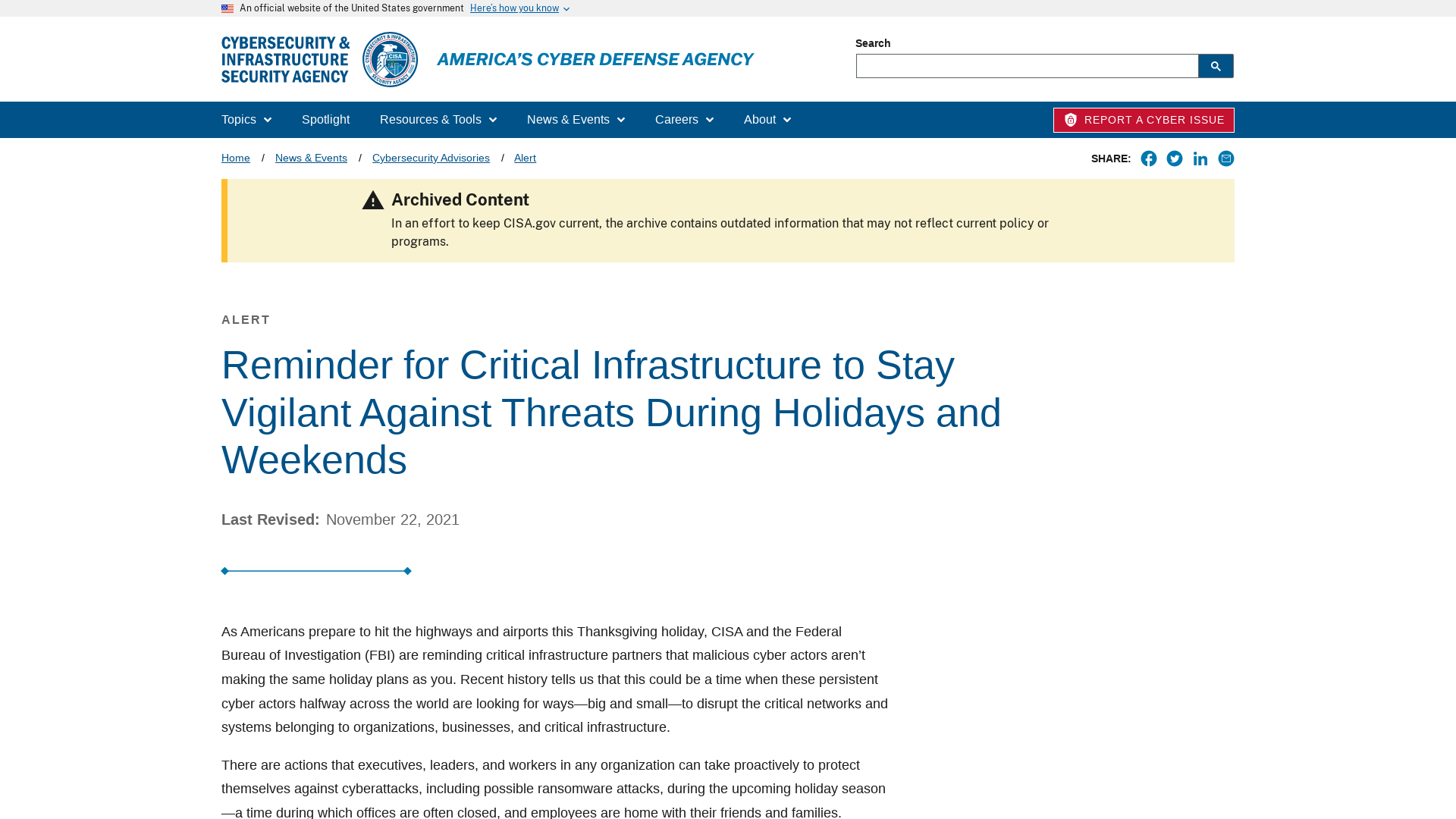 Reminder for Critical Infrastructure to Stay Vigilant Against Threats During Holidays and Weekends | CISA