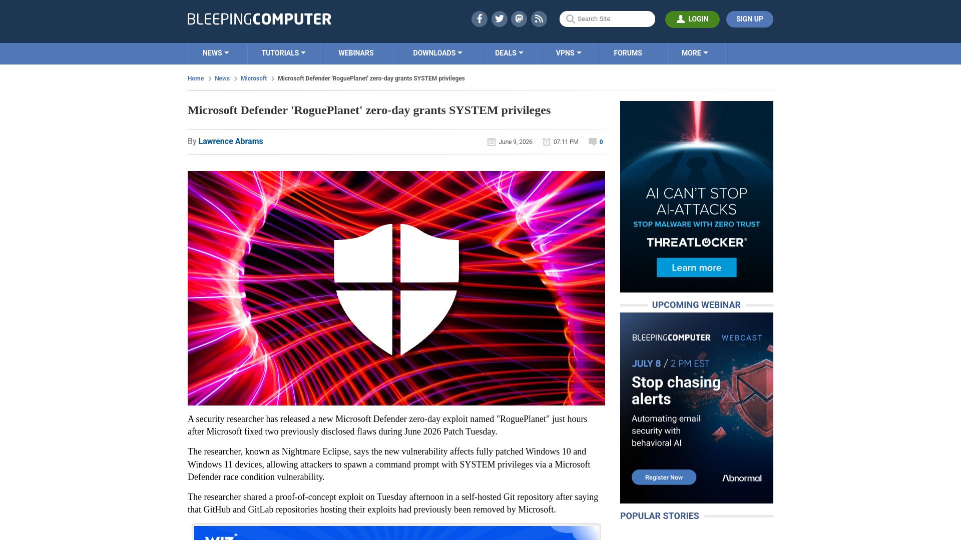 Microsoft Defender 'RoguePlanet' zero-day grants SYSTEM privileges
