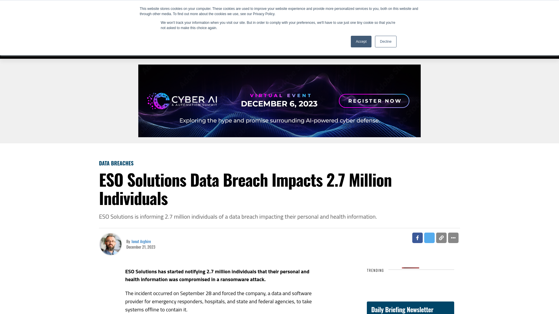 ESO Solutions Data Breach Impacts 2.7 Million Individuals - SecurityWeek