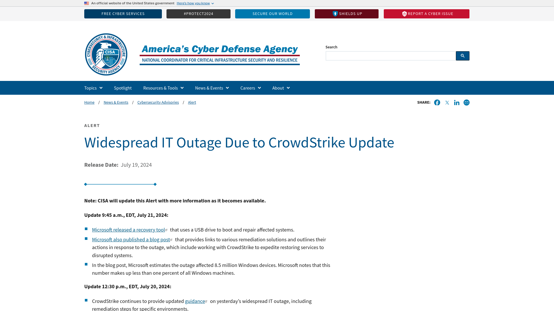 Widespread IT Outage Due to CrowdStrike Update | CISA