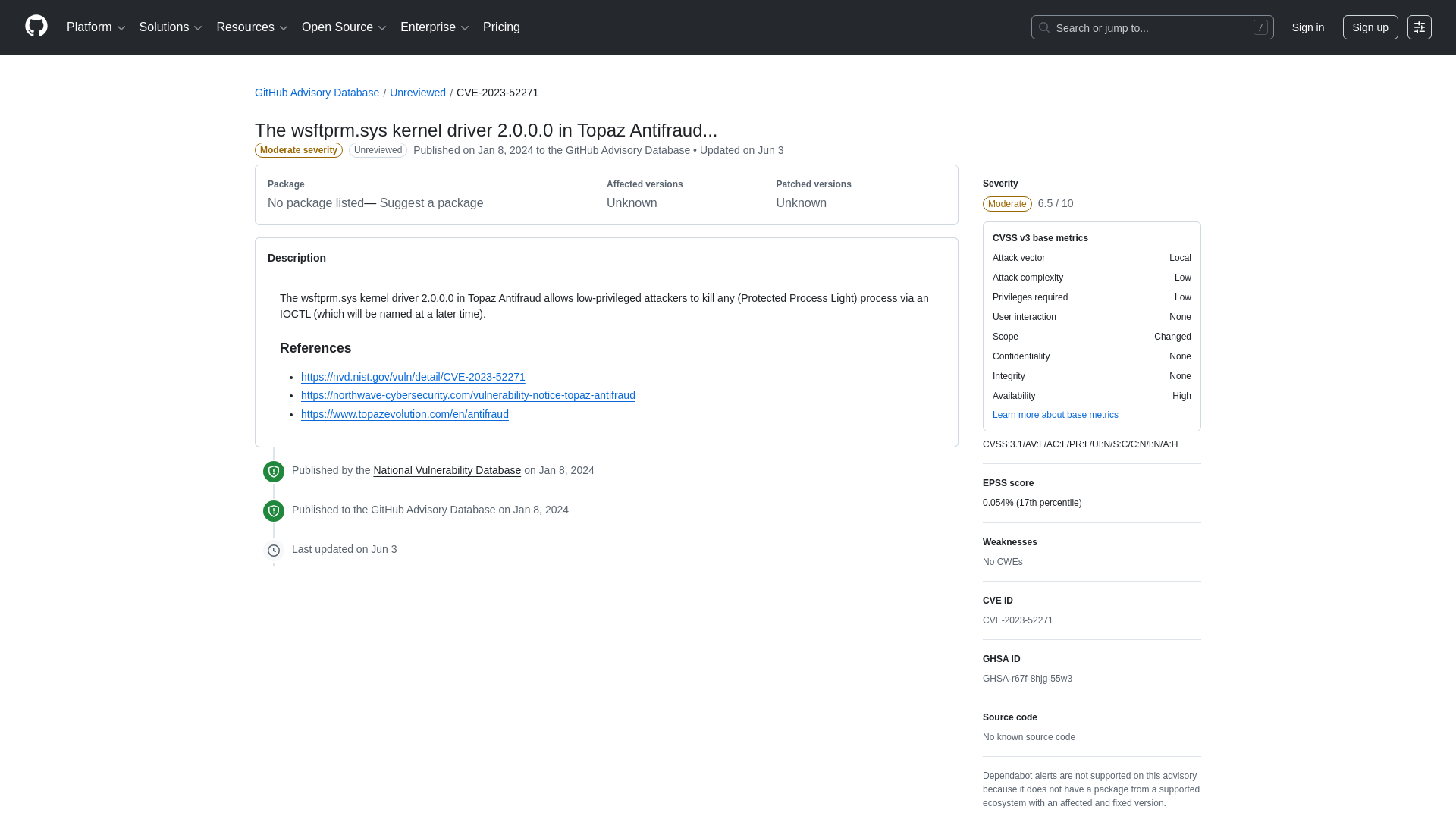 The wsftprm.sys kernel driver 2.0.0.0 in Topaz Antifraud... · CVE-2023-52271 · GitHub Advisory Database · GitHub