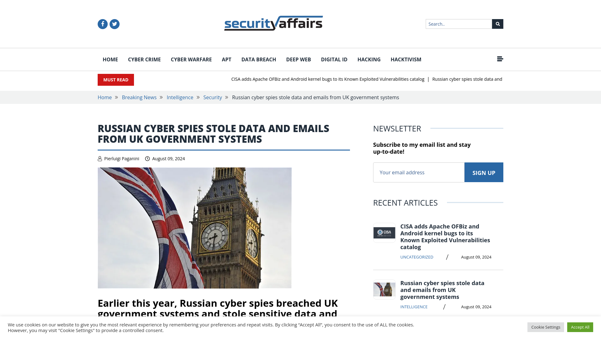 Russian cyber spies stole data and emails from UK government systems