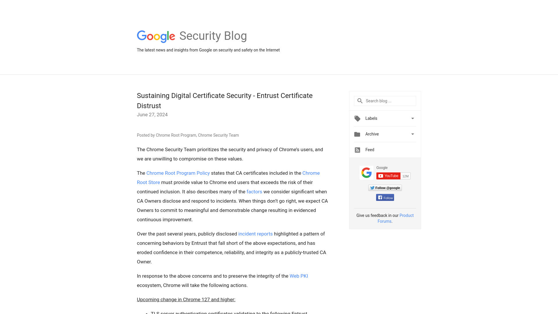 Google Online Security Blog: Sustaining Digital Certificate Security - Entrust Certificate Distrust