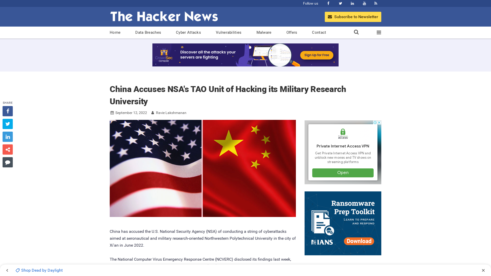 China Accuses NSA's TAO Unit of Hacking its Military Research University