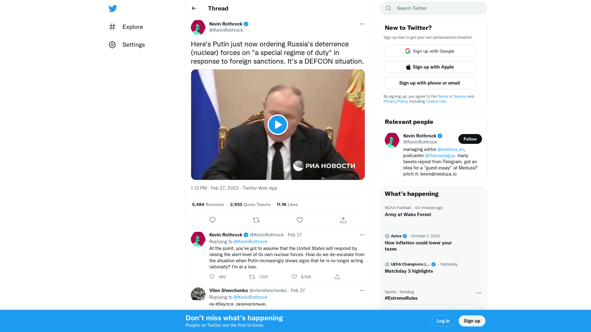 Kevin Rothrock on Twitter: "Here's Putin just now ordering Russia's deterrence (nuclear) forces on "a special regime of duty" in response to foreign sanctions. It's a DEFCON situation. https://t.co/Hhmq5ZAMmO" / Twitter