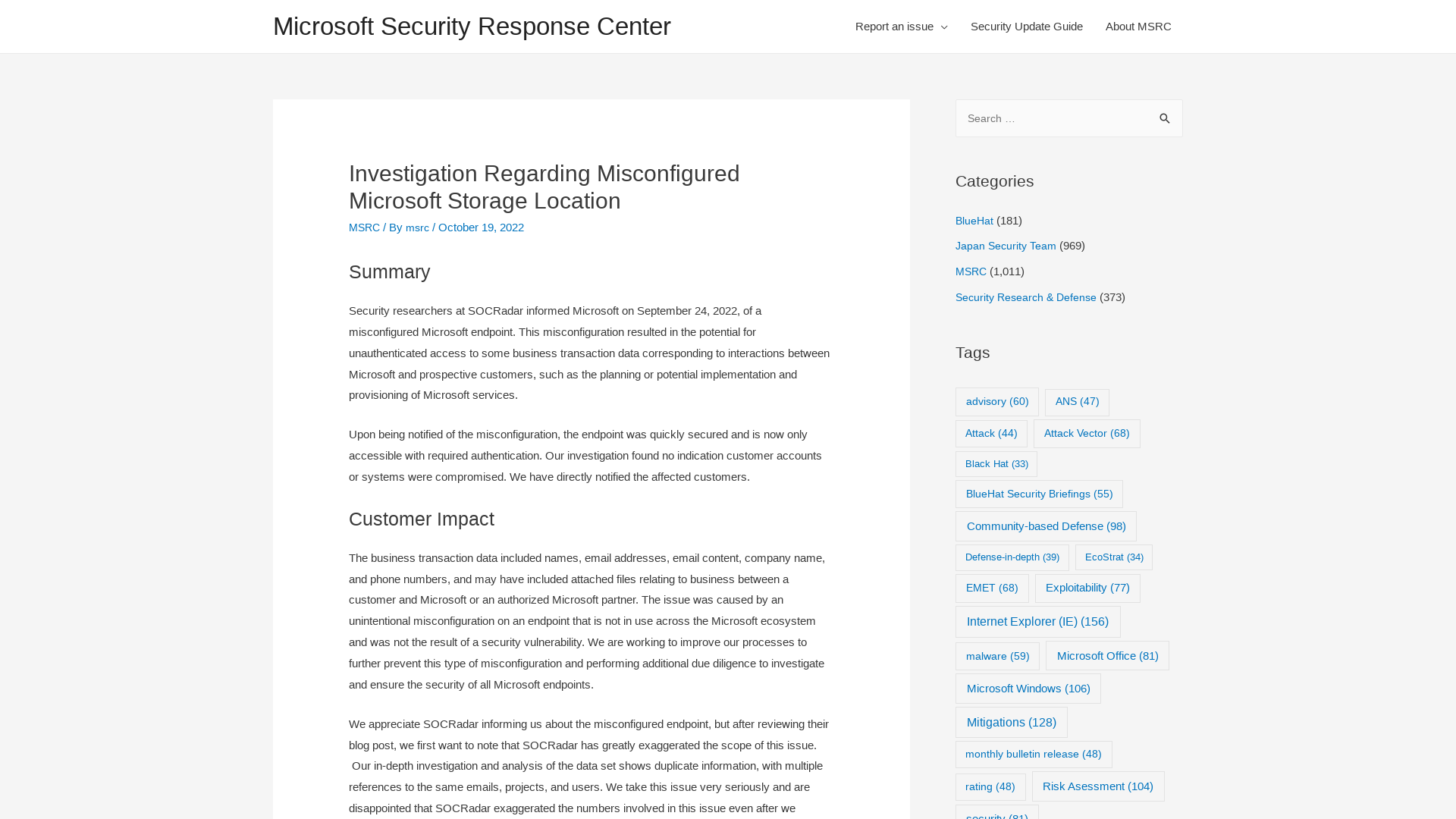 Investigation Regarding Misconfigured Microsoft Storage Location – Microsoft Security Response Center
