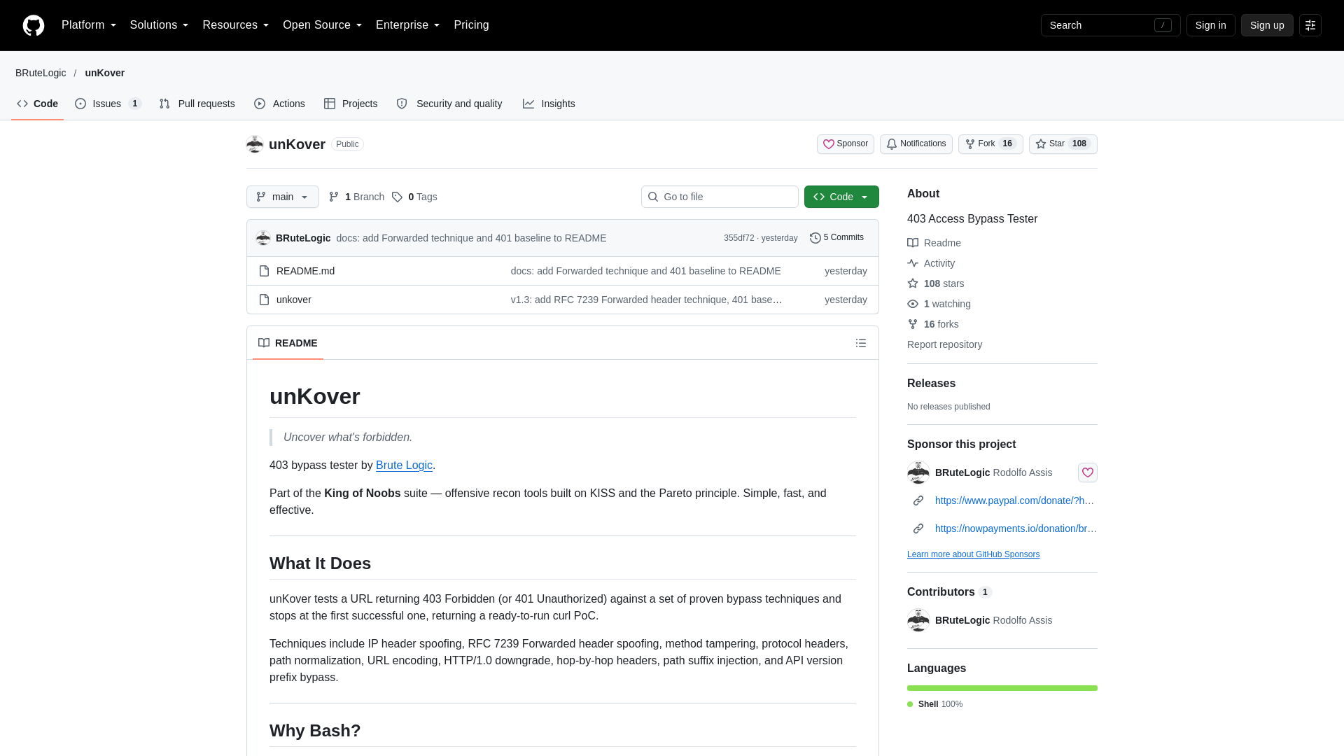 GitHub - BRuteLogic/unKover: 403 Access Bypass Tester · GitHub