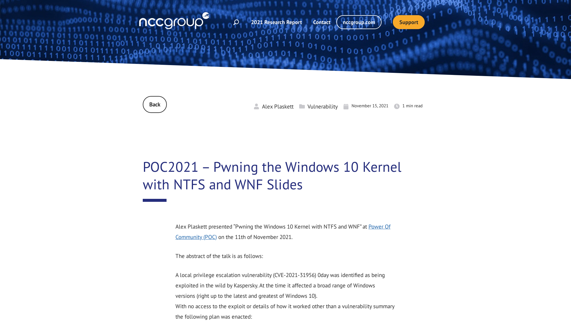 POC2021 – Pwning the Windows 10 Kernel with NTFS and WNF Slides | NCC Group Research Blog | Making the world safer and more secure