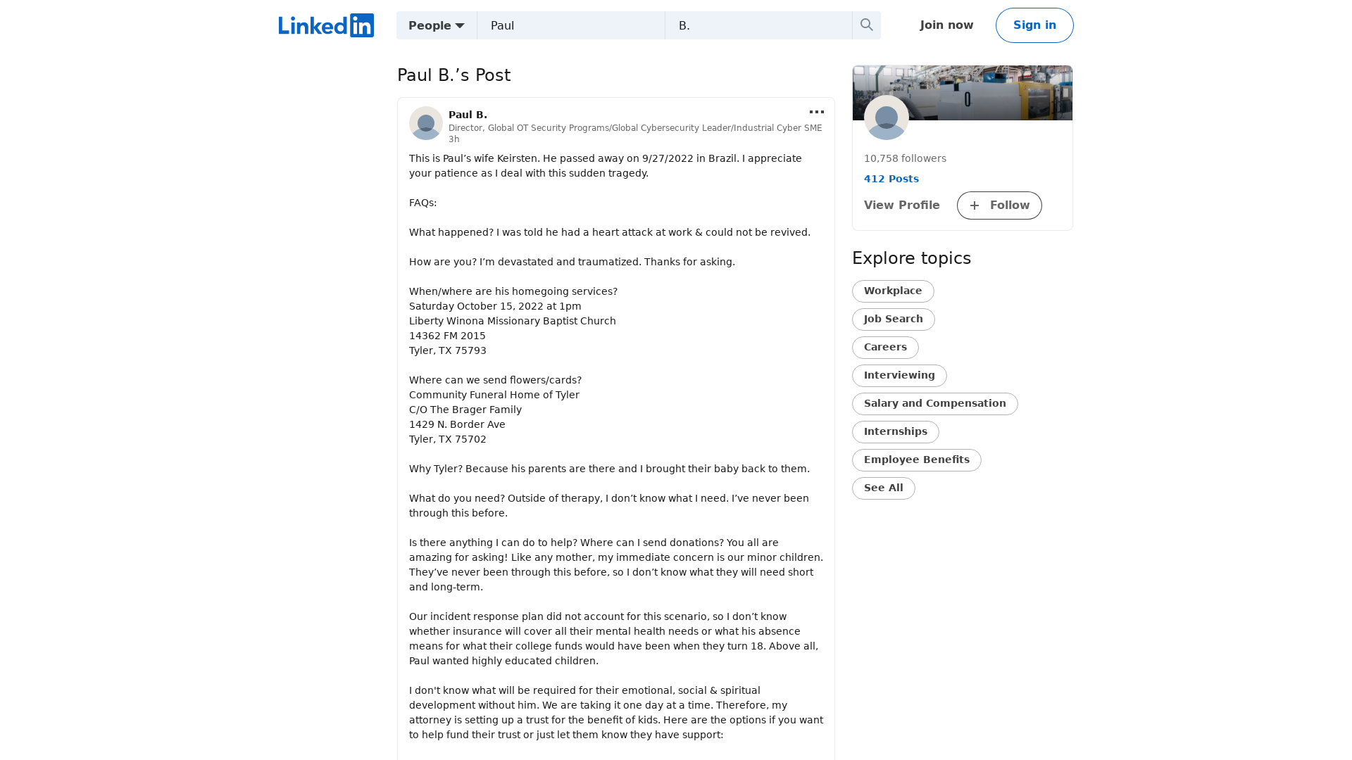 Paul B. on LinkedIn: This is Paul’s wife Keirsten. He passed away on 9/27/2022 in Brazil. I… | 56 comments