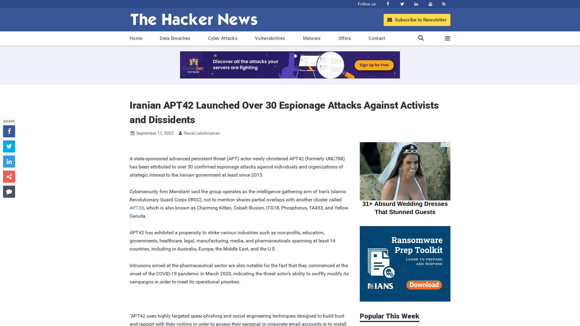 Iranian APT42 Launched Over 30 Espionage Attacks Against Activists and Dissidents