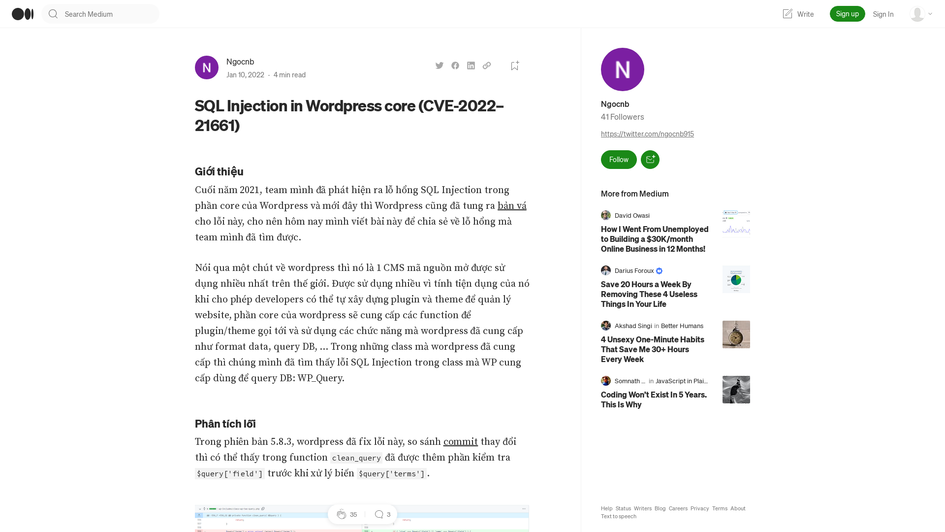 SQL Injection in Wordpress core (CVE-2022–21661) | by Ngocnb | Medium