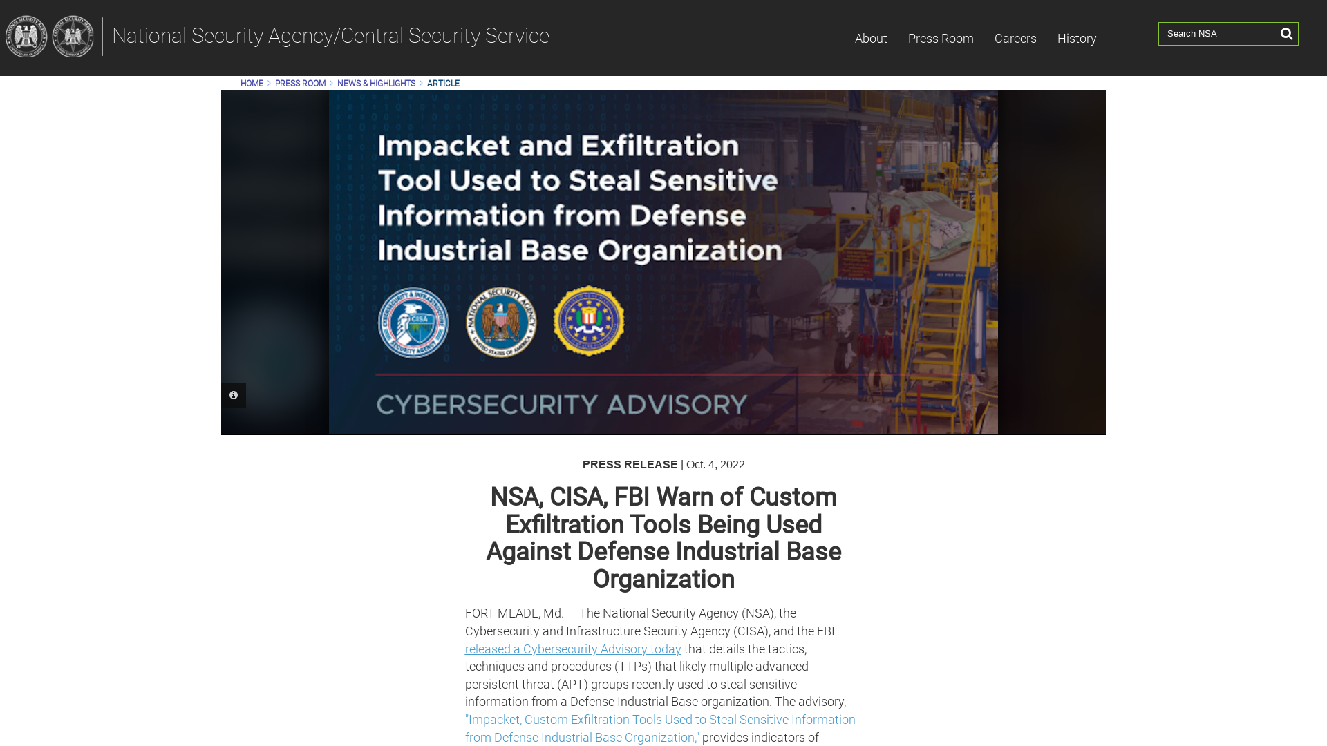 NSA, CISA, FBI Warn of Custom Exfiltration Tools Being Used Against Defense Industrial Base Organization > National Security Agency/Central Security Service > Article