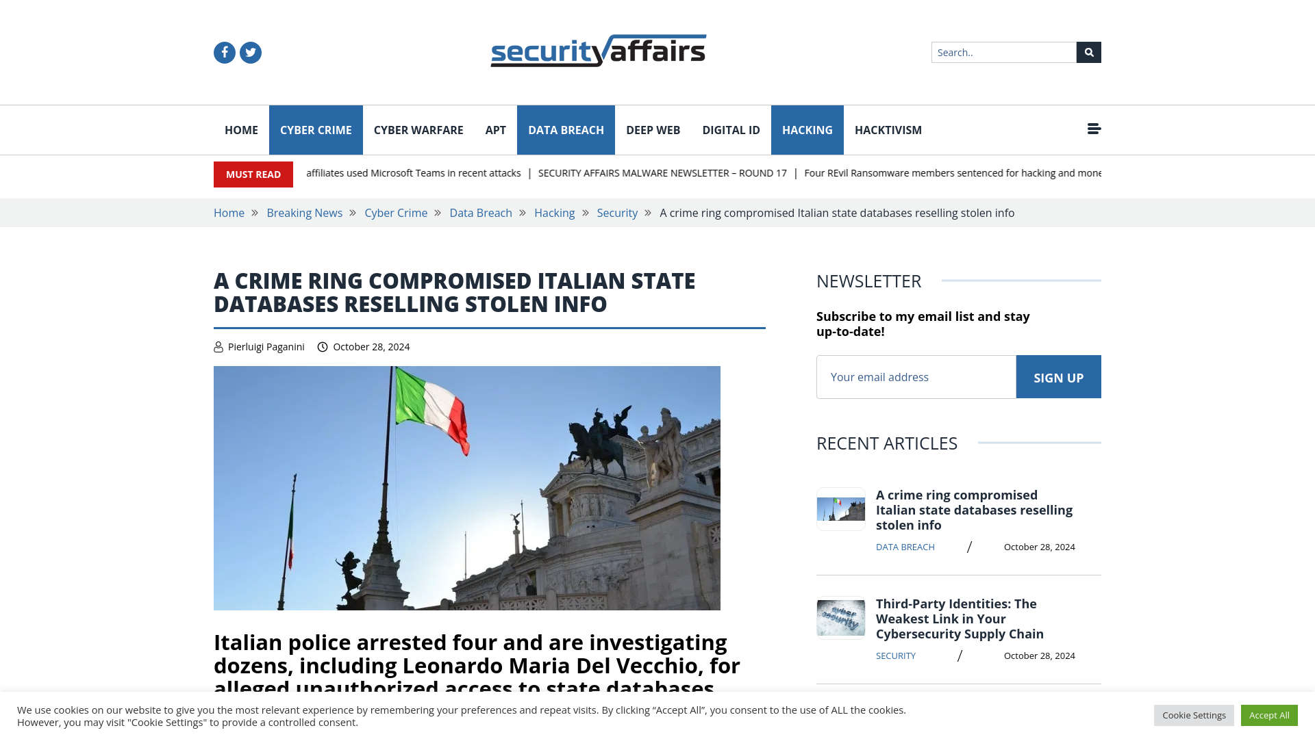 A crime ring compromised Italian state databases reselling stolen info