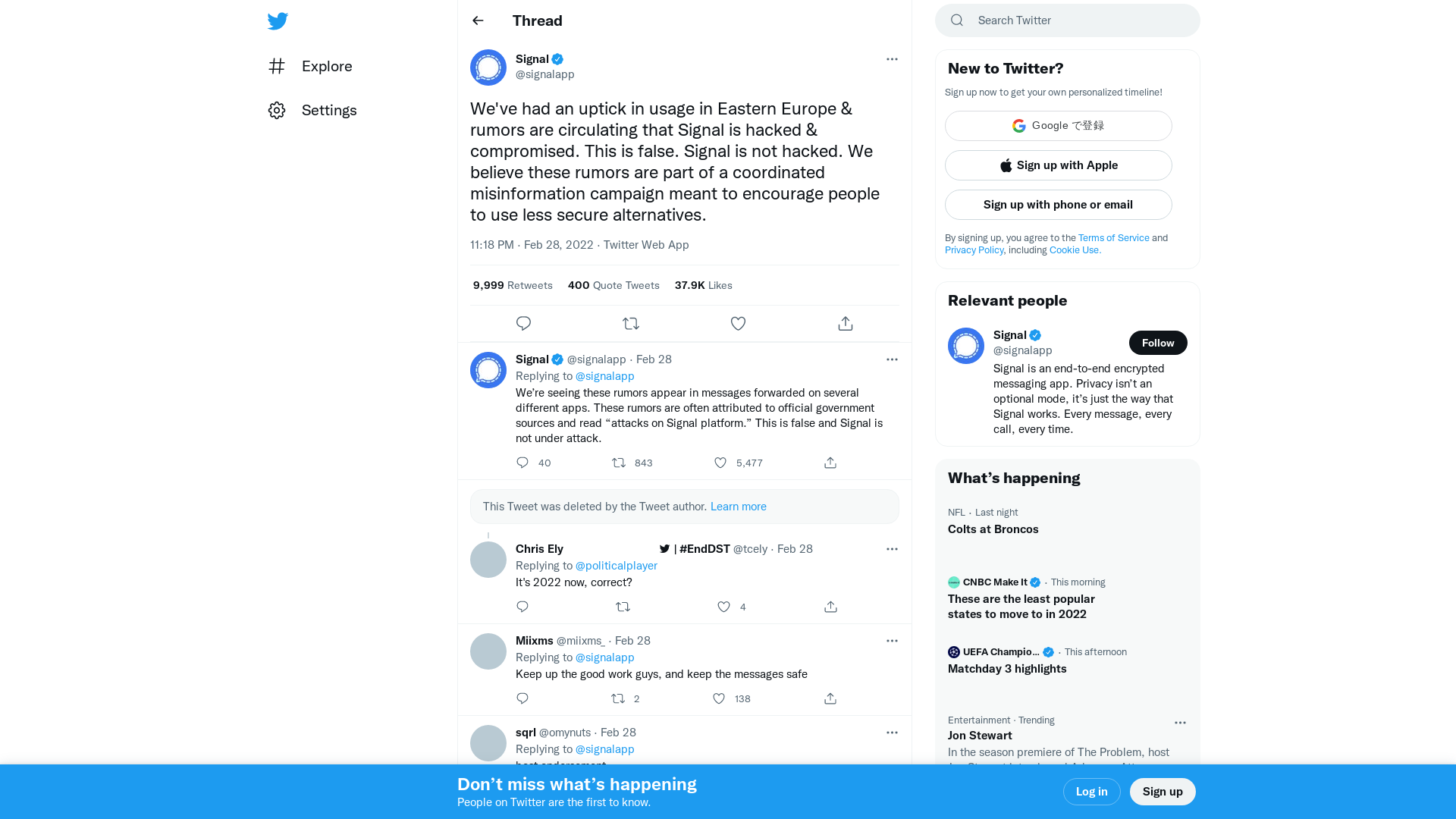 Signal on Twitter: "We've had an uptick in usage in Eastern Europe &amp; rumors are circulating that Signal is hacked &amp; compromised. This is false. Signal is not hacked. We believe these rumors are part of a coordinated misinformation campaign meant to encourage people to use less secure alternatives." / Twitter