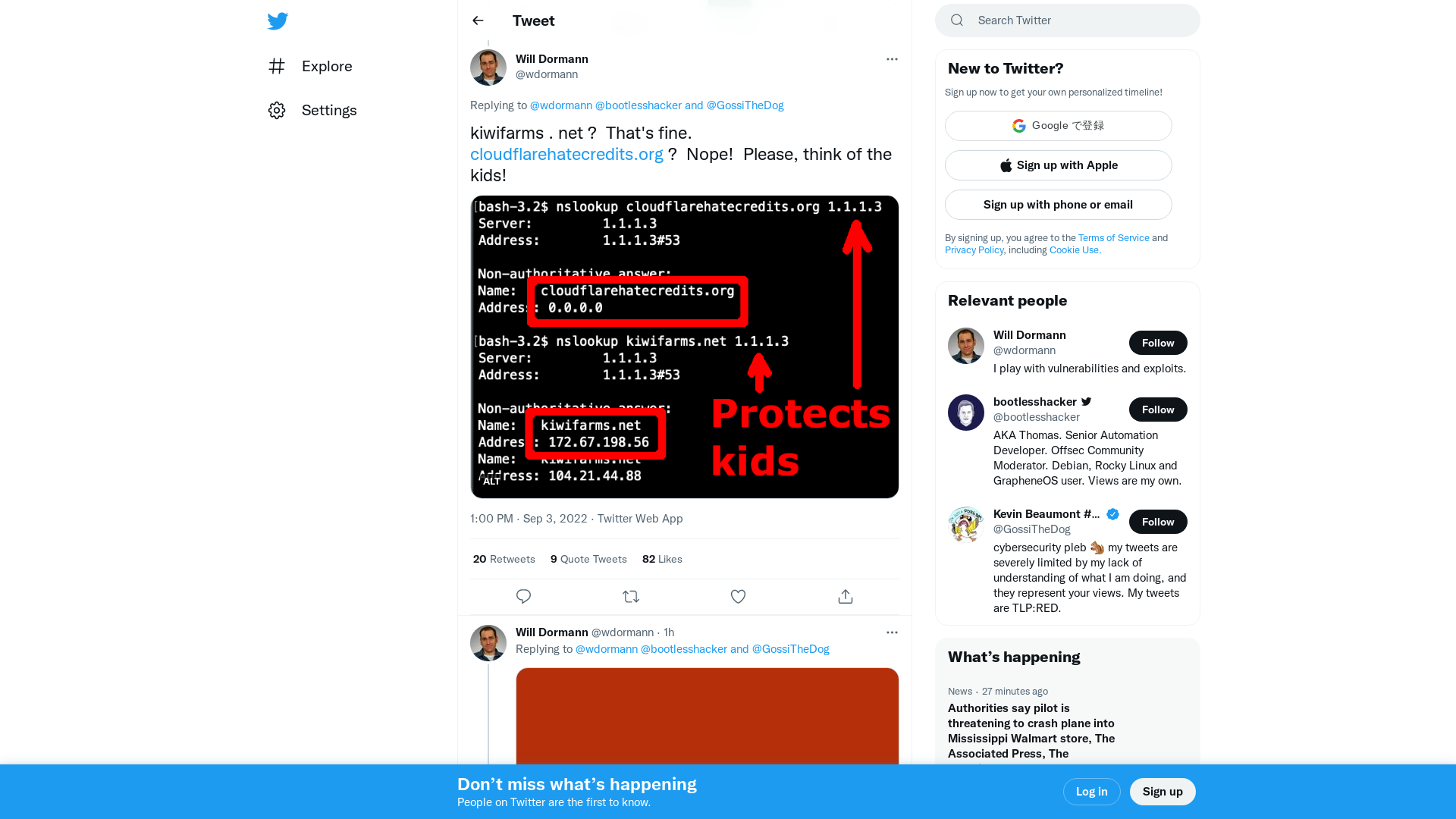 Will Dormann on Twitter: "@bootlesshacker @GossiTheDog kiwifarms . net ? That's fine. https://t.co/7HfF3i4s6U ? Nope! Please, think of the kids! https://t.co/0PmB1xJNJX" / Twitter
