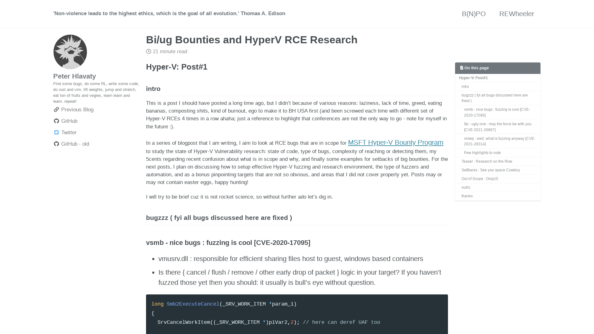 Bi/ug Bounties and HyperV RCE Research - ‘Non-violence leads to the highest ethics, which is the goal of all evolution.’ Thomas A. Edison